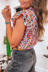 Vibrant All Over Floral Print Ruffle Sleeve Smocked Blouse Top