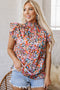 Vibrant All Over Floral Print Ruffle Sleeve Smocked Blouse Top