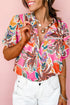 Vibrant Botanical Print Puff Sleeve Button Up Pintuck Blouse Top