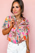 Vibrant Botanical Print Puff Sleeve Button Up Pintuck Blouse Top