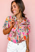 Vibrant Botanical Print Puff Sleeve Button Up Pintuck Blouse Top