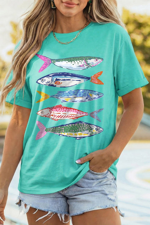 Vibrant Fish Print Casual Short Sleeve Graphic Tee