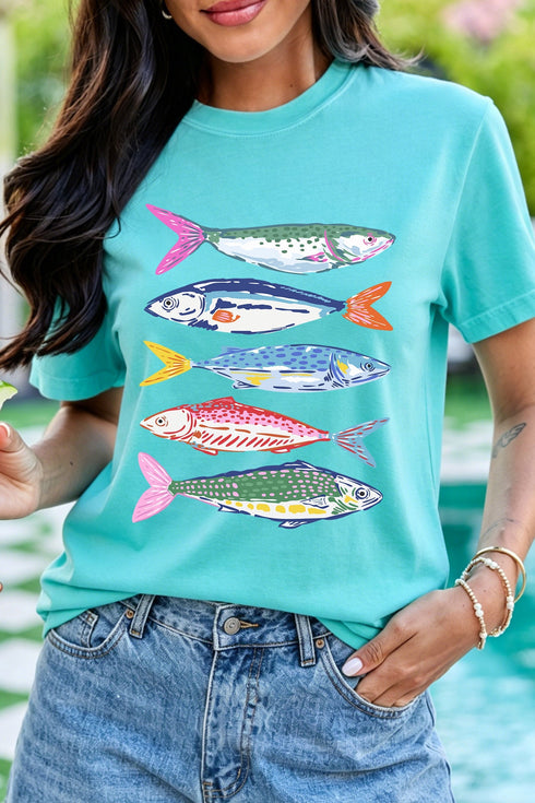 Vibrant Fish Print Casual Short Sleeve Graphic Tee