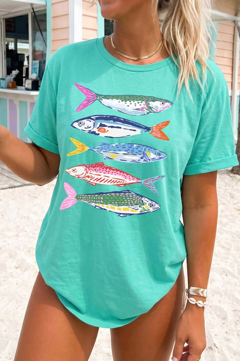 Vibrant Fish Print Casual Short Sleeve Graphic Tee