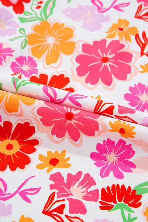 Vibrant Floral Print Contrast Collar Split Neck Flutter Sleeve Blouse