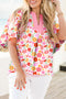 Vibrant Floral Print Contrast Collar Split Neck Flutter Sleeve Blouse