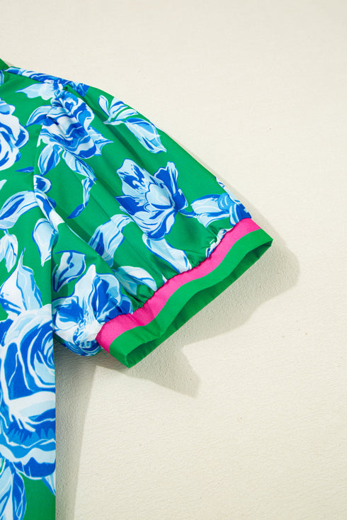 Vibrant Floral Print Contrast Trim Puff Sleeve Split Neck Blouse