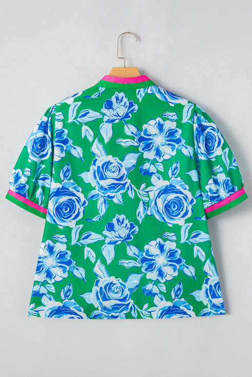 Vibrant Floral Print Contrast Trim Puff Sleeve Split Neck Blouse