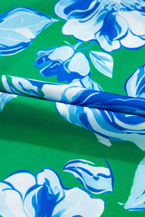 Vibrant Floral Print Contrast Trim Puff Sleeve Split Neck Blouse