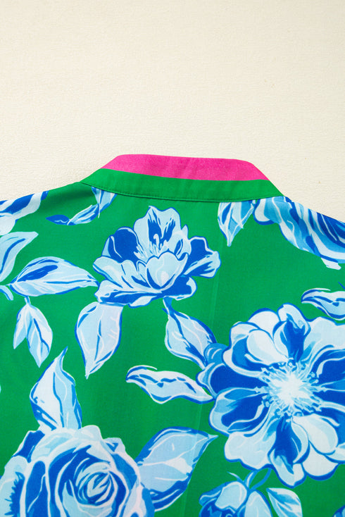Vibrant Floral Print Contrast Trim Puff Sleeve Split Neck Blouse