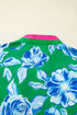 Vibrant Floral Print Contrast Trim Puff Sleeve Split Neck Blouse