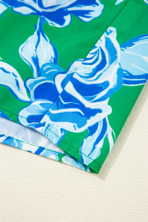 Vibrant Floral Print Contrast Trim Puff Sleeve Split Neck Blouse