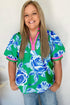 Vibrant Floral Print Contrast Trim Puff Sleeve Split Neck Blouse