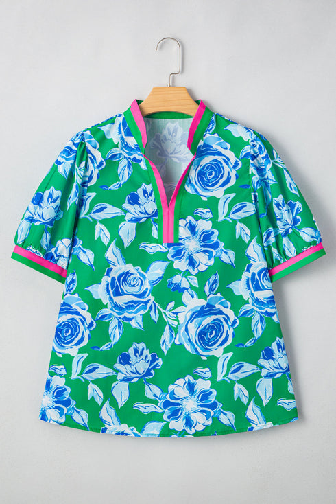 Vibrant Floral Print Contrast Trim Puff Sleeve Split Neck Blouse