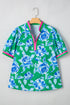 Vibrant Floral Print Contrast Trim Puff Sleeve Split Neck Blouse