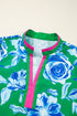Vibrant Floral Print Contrast Trim Puff Sleeve Split Neck Blouse