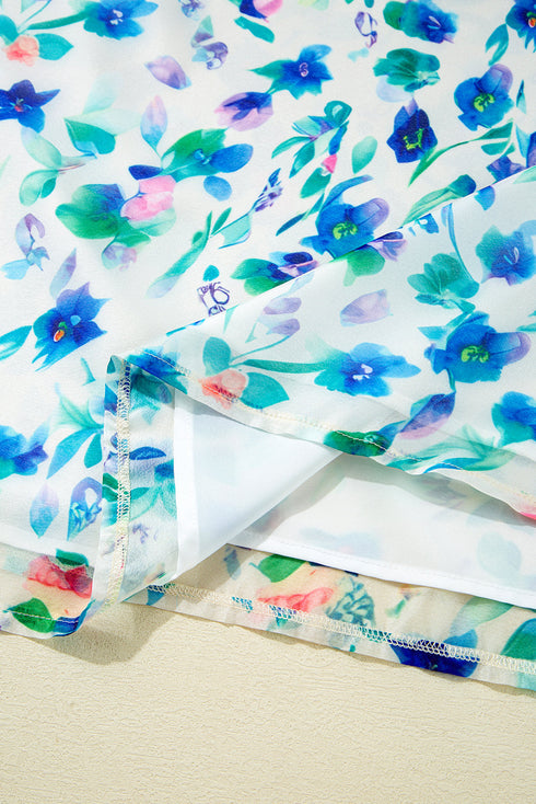 Vibrant Floral Print Puff Sleeve Plus Size Blouse With Trim Detail