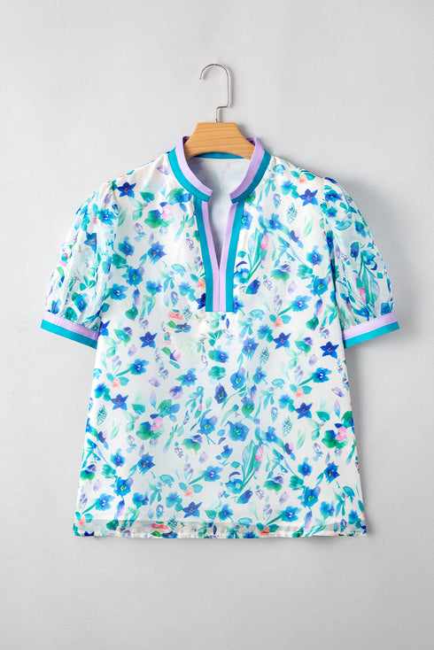Vibrant Floral Print Puff Sleeve Plus Size Blouse With Trim Detail