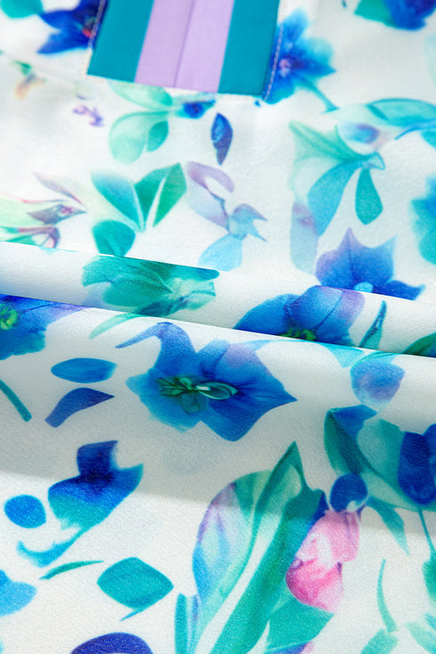 Vibrant Floral Print Puff Sleeve Plus Size Blouse With Trim Detail