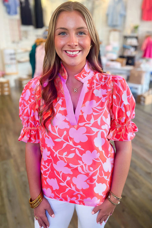 Vibrant Floral Print Stand Collar Ruffled Puff Sleeve Blouse