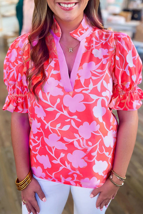 Vibrant Floral Print Stand Collar Ruffled Puff Sleeve Blouse