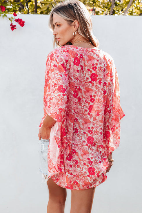 Vibrant Floral Print V Neck Kimono Blouse
