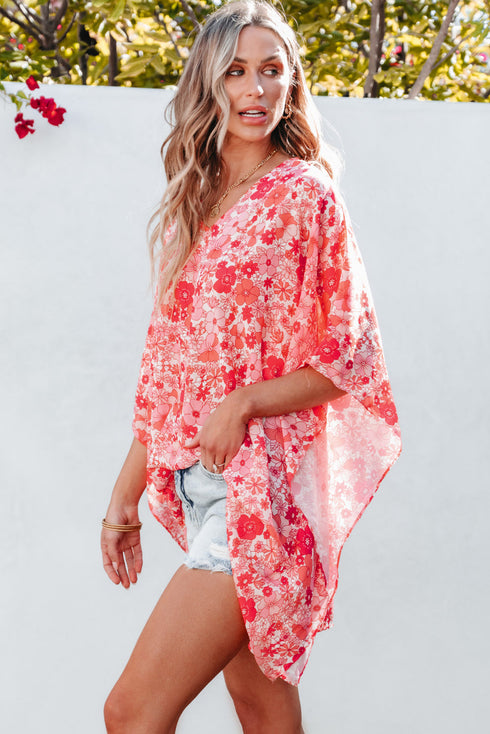 Vibrant Floral Print V Neck Kimono Blouse