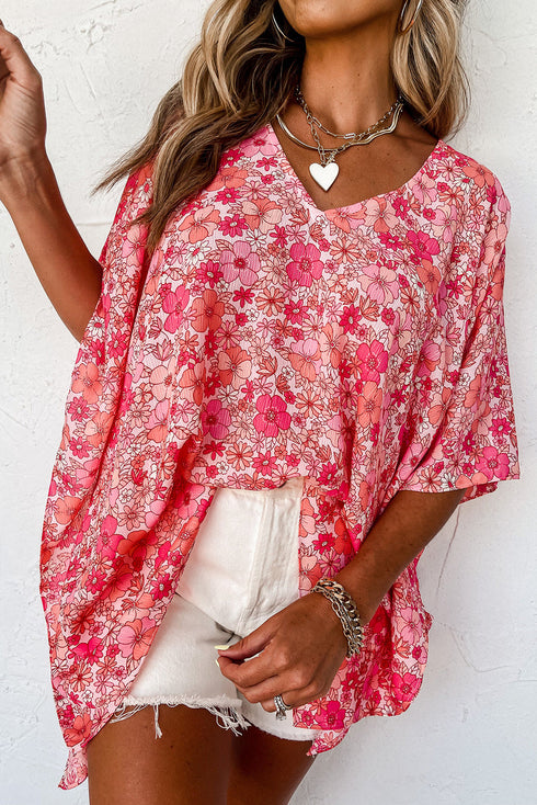 Vibrant Floral Print V Neck Kimono Blouse