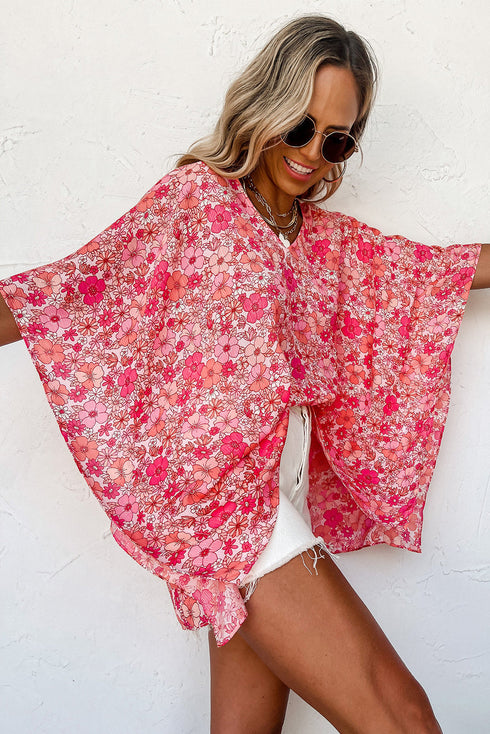 Vibrant Floral Print V Neck Kimono Blouse