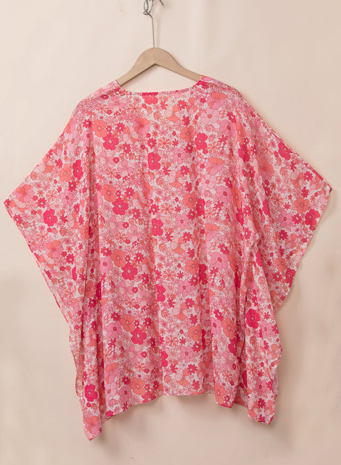 Vibrant Floral Print V Neck Kimono Blouse