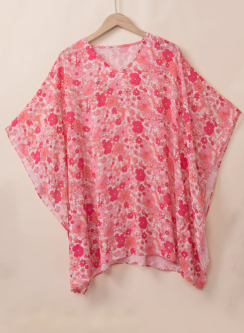 Vibrant Floral Print V Neck Kimono Blouse