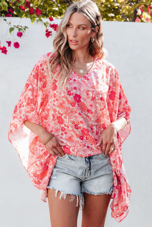 Vibrant Floral Print V Neck Kimono Blouse