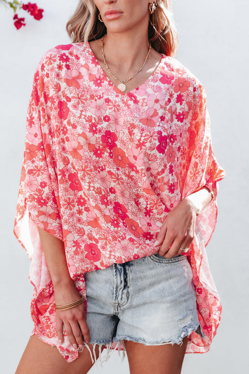 Vibrant Floral Print V Neck Kimono Blouse