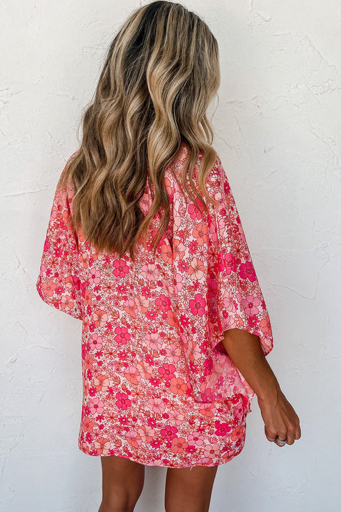 Vibrant Floral Print V Neck Kimono Blouse