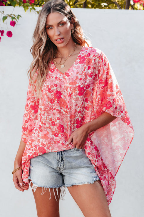 Vibrant Floral Print V Neck Kimono Blouse