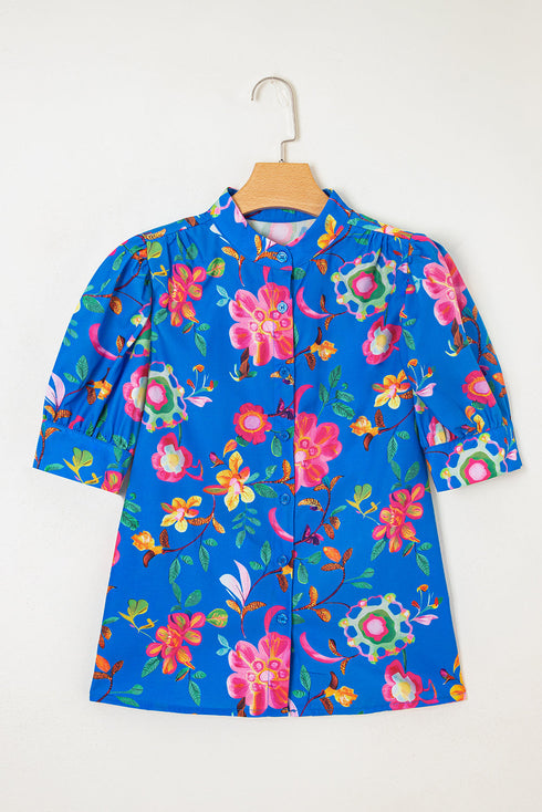 Vibrant Floral Puff Sleeve Button Front Collared Shirt