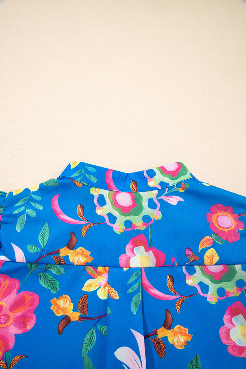 Vibrant Floral Puff Sleeve Button Front Collared Shirt