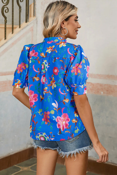 Vibrant Floral Puff Sleeve Button Front Collared Shirt