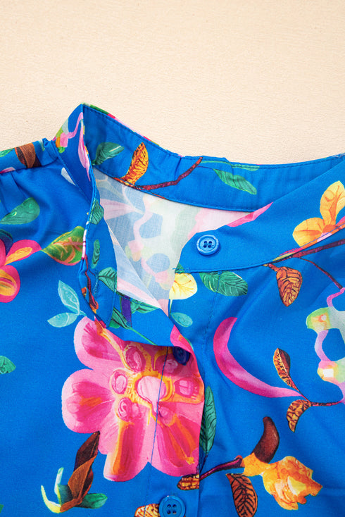 Vibrant Floral Puff Sleeve Button Front Collared Shirt