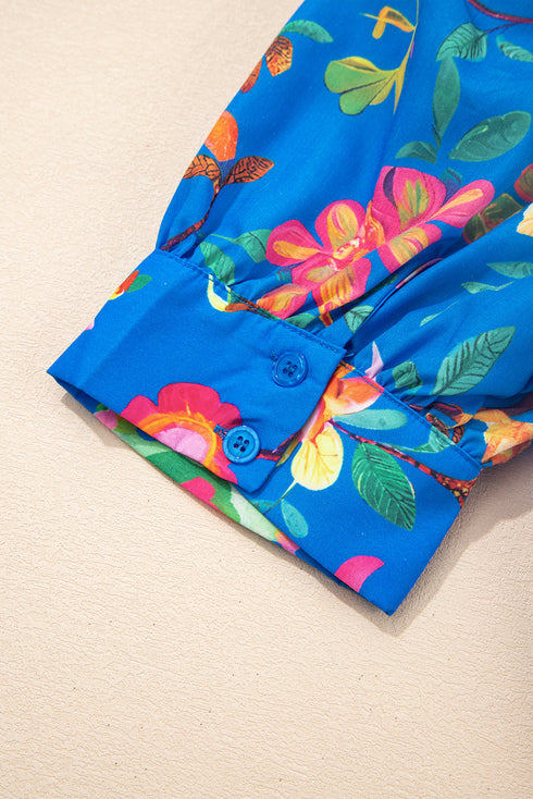 Vibrant Floral Puff Sleeve Button Front Collared Shirt