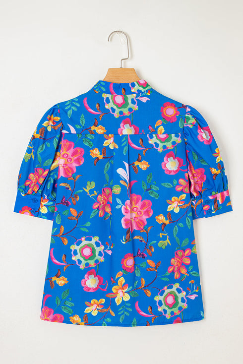 Vibrant Floral Puff Sleeve Button Front Collared Shirt