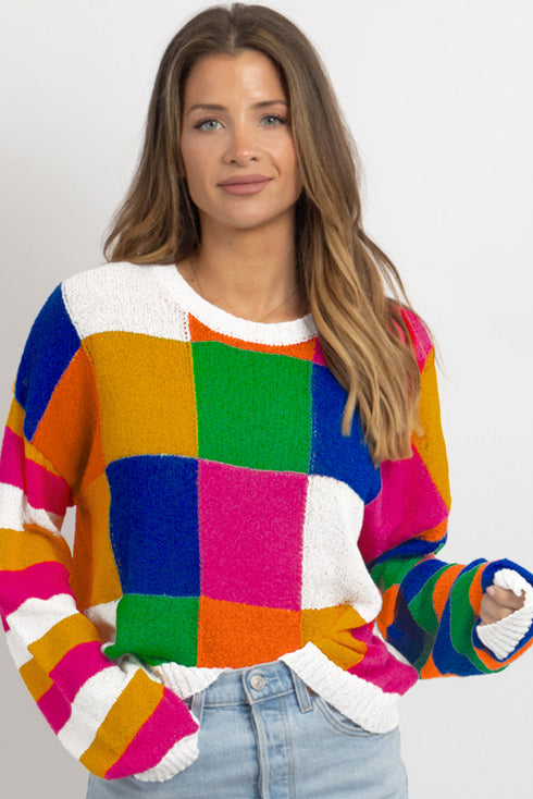 Vibrant Geometric Block And Striped Pullover Sweater