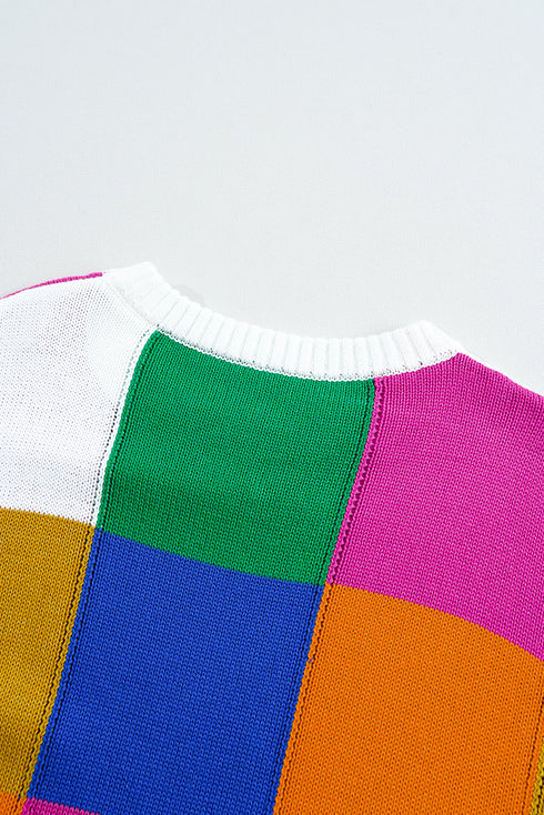 Vibrant Geometric Block And Striped Pullover Sweater