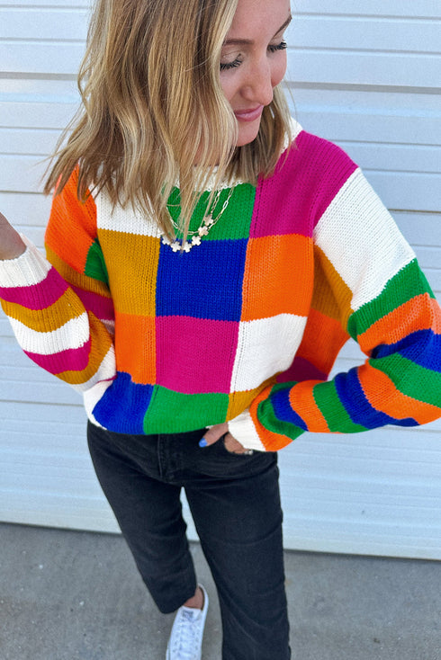 Vibrant Geometric Block And Striped Pullover Sweater