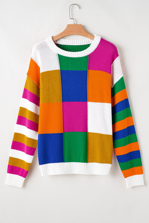 Vibrant Geometric Block And Striped Pullover Sweater