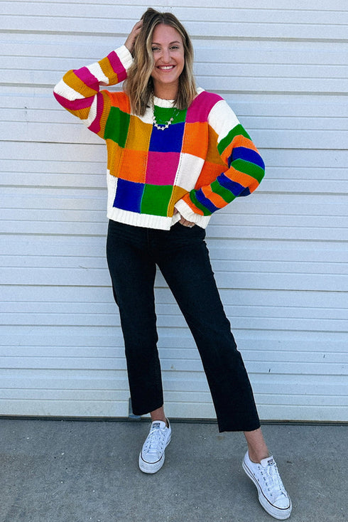 Vibrant Geometric Block And Striped Pullover Sweater