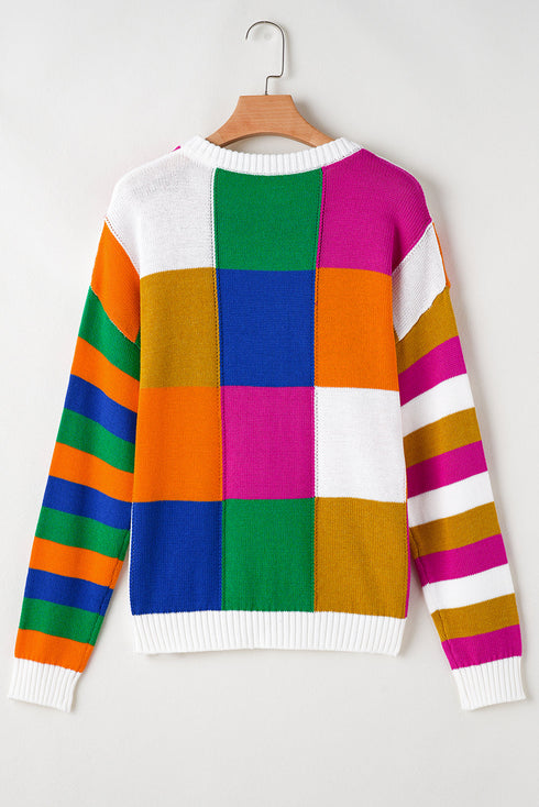 Vibrant Geometric Block And Striped Pullover Sweater