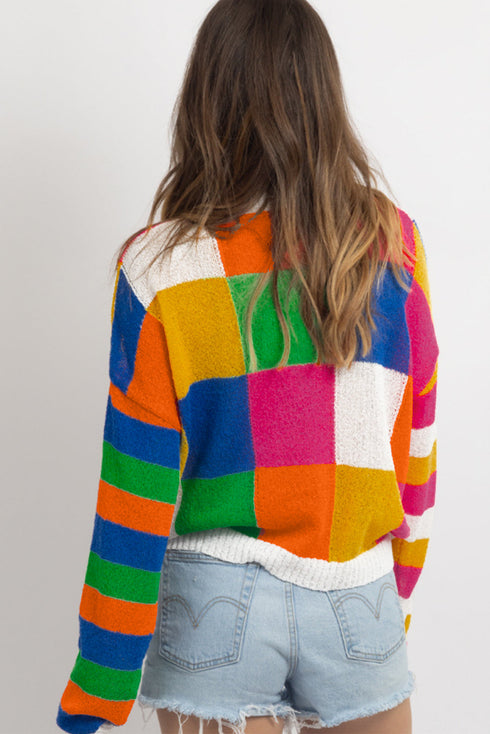 Vibrant Geometric Block And Striped Pullover Sweater