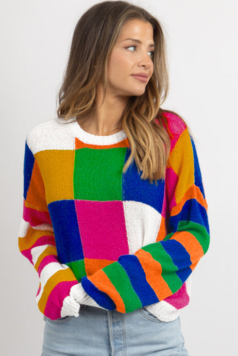 Vibrant Geometric Block And Striped Pullover Sweater