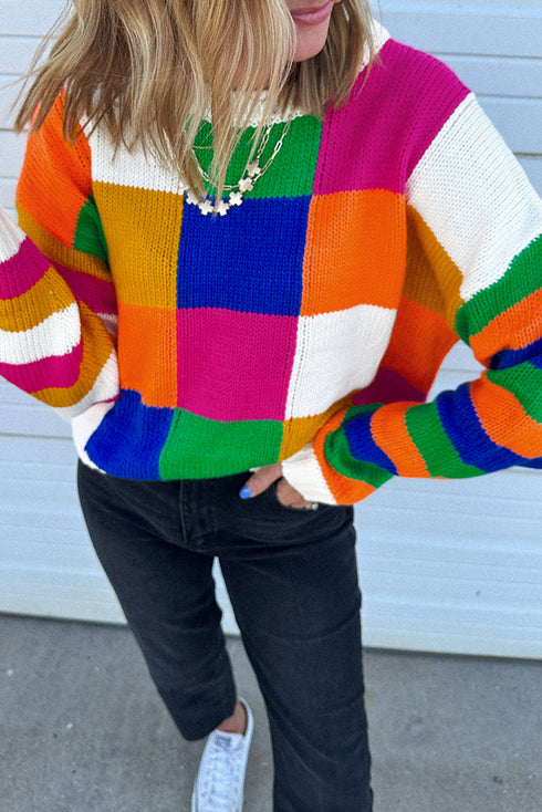 Vibrant Geometric Block And Striped Pullover Sweater